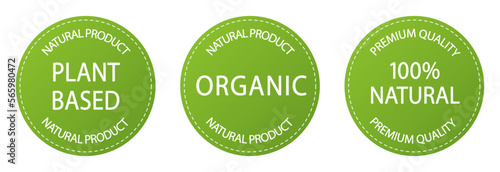 Plant based vegan food product label. Green round stamp. 100% natural logo or icon. Organic sticker 