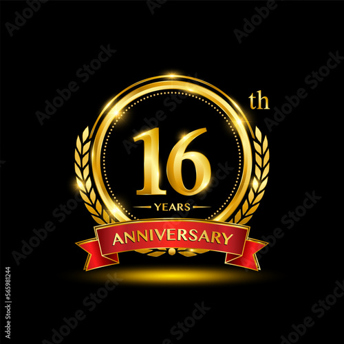 16th Anniversary logo design with golden color laurel wreath and red ribbon for anniversary celebration event. Logo Vector Template Illustration