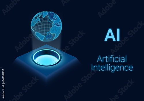 Abstract illustration of artificial intelligence showing a hologram on a dark blue background. The hologram contains a square base and a three-dimensional light image of world a digital pattern.