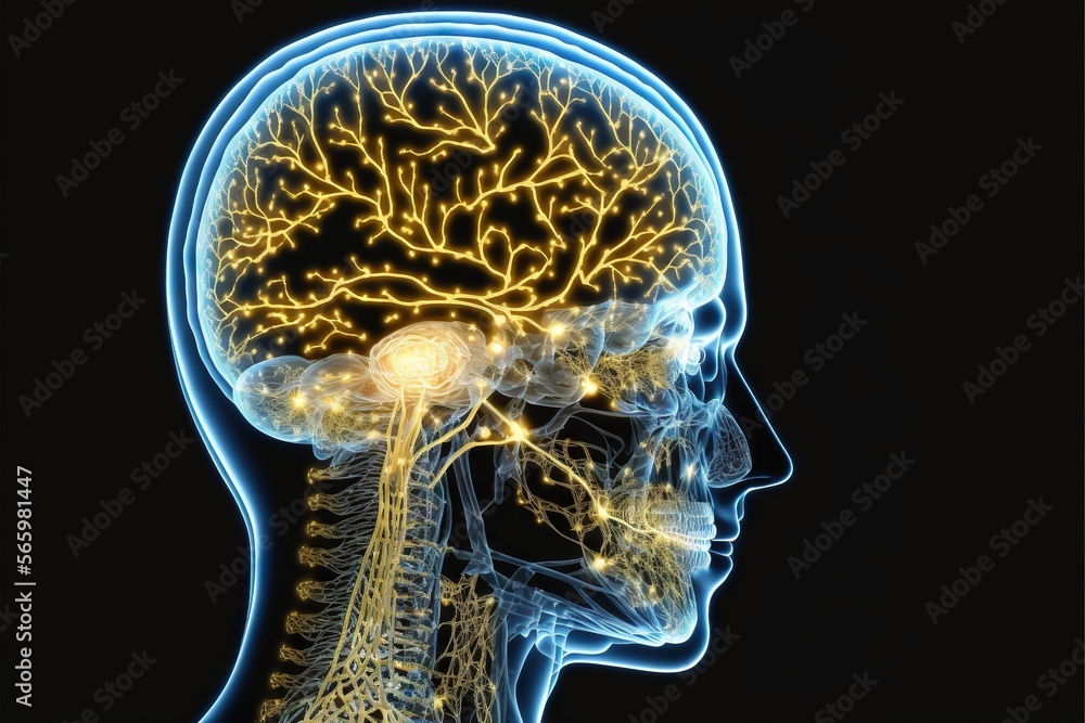a human head with a glowing brain and nervous system highlighted in the ...
