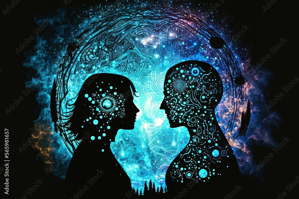 two silhouettes facing each other in front of a blue and purple ...