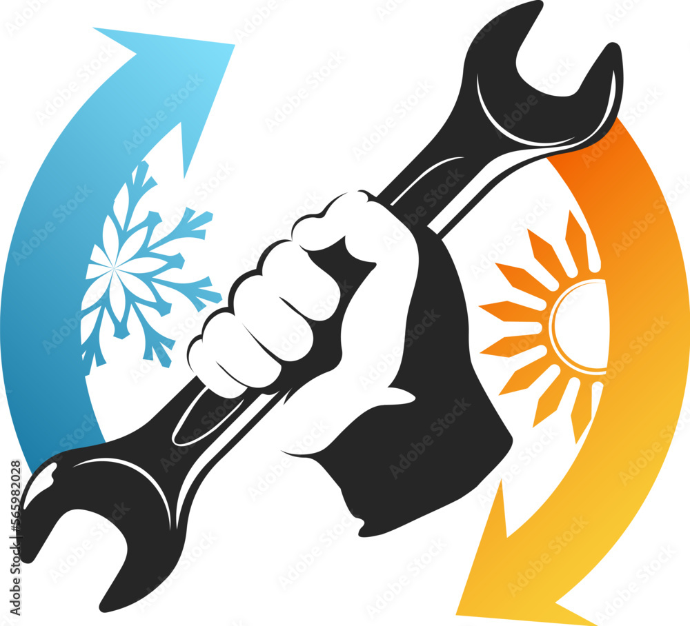 Wrench in hand and arrows. The sun is heating and the snowflake is cooling. Symbol for air conditioner repair Wrench in hand and arrows. The sun is heating and the snowflake is cooling. Symbol for air conditioner repair
