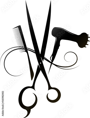 Hair stylists scissors, electric hair dryer and comb. Badge for beauty salon and hair stylist