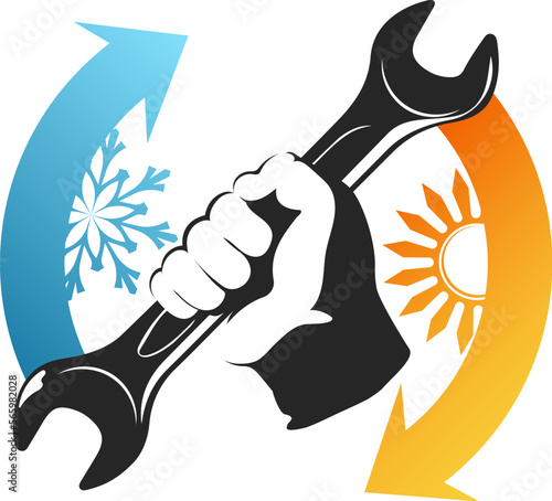 Wrench in hand and arrows. The sun is heating and the snowflake is cooling. Symbol for air conditioner repair