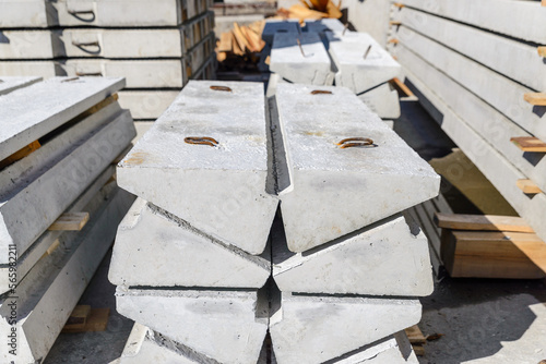 Building materials for precast concrete stairs, steps in a stack in the warehouse of the precast concrete factory.