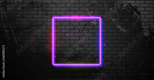 Grunge black brick wall with neon square frame. Neon lamp frame. Night club electric sign. illustration.