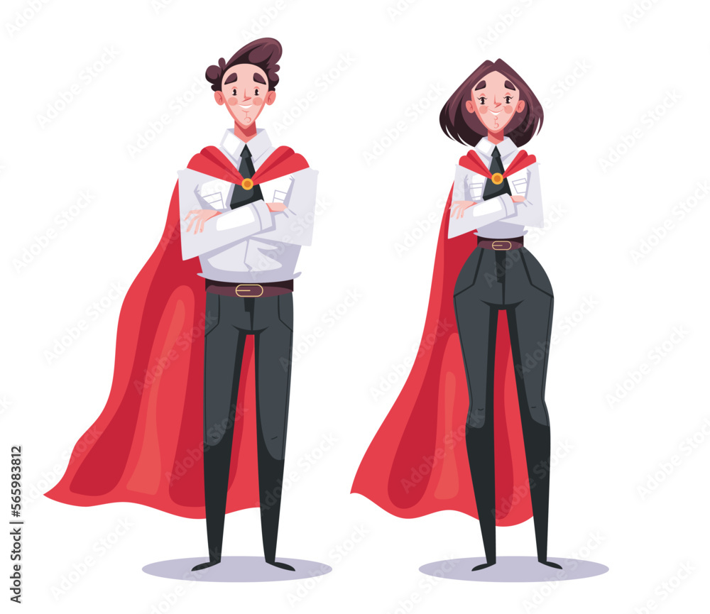 Superhero employee office worker super hero in red cape business team people. Vector cartoon graphic design element illustration