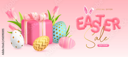 Happy Easter typography big sale poster with colorful easter eggs, gift box and pink tulips. Greeting card or poster. Vector illustration