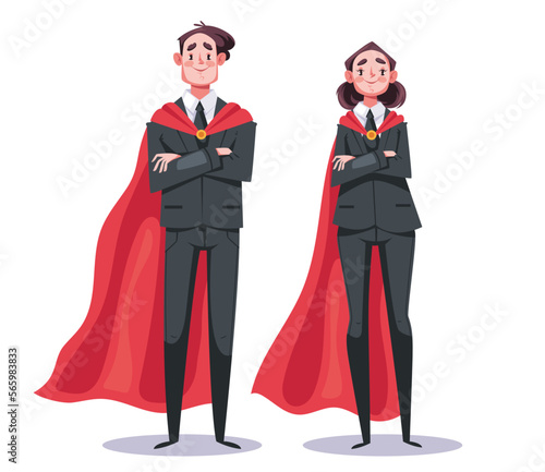 Superhero employee office worker super hero in red cape business team people. Vector cartoon graphic design element illustration