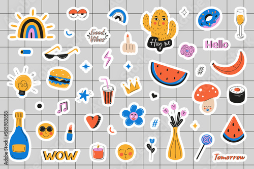 Set of sticker, vector flat illustration. Cute sticker template decorated trendy lettering. Signs, symbols, objects for scheduler or organizer	