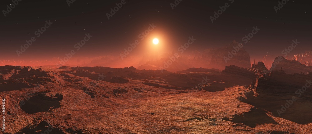 Rocky red color desert at sunset, martian landscape, 3d rendering