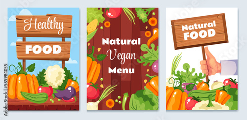 Food healthy farm market fruit vegetable vegetarian organic menu poster set. Vector cartoon graphic design element illustration