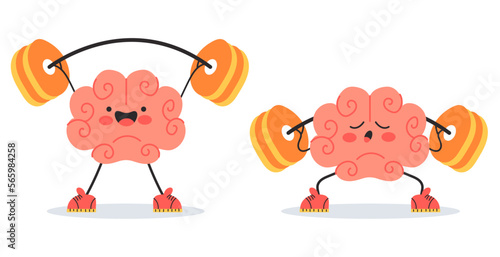 Brain strong hold weight in gym doing exercise fitness memory training concept. Vector cartoon graphic design element illustration
