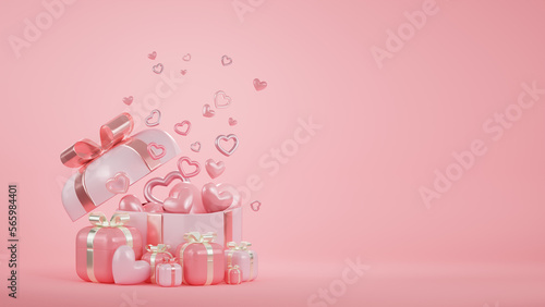 Pink gift box with balloon hearts on pink background. Happy Valentine's Day, Mother's Day, Wedding, Birthday, and Anniversary concept. 3D rendering.