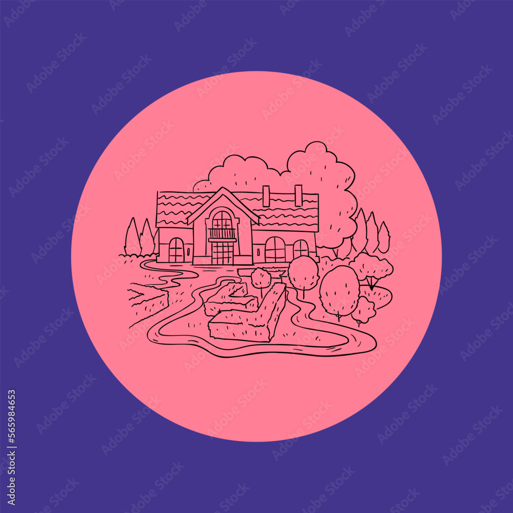 A house in a circle. Logo. freehand drawing. Pink color. A house in a circle. Logo. freehand drawing. Pink color.
