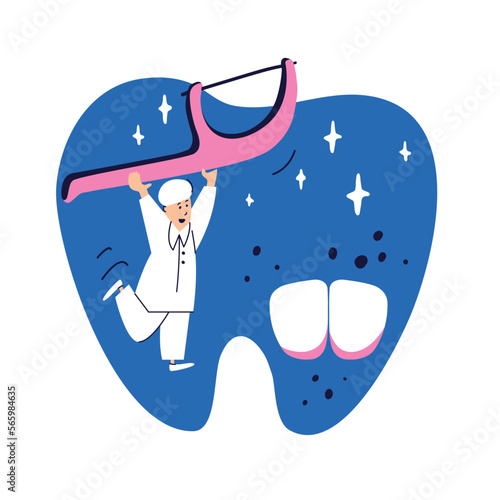 Professional diagnosis of diseases of the oral cavity. Dental care tips. The dentist carries dental floss to thoroughly clean the teeth of food debris. Illustration in flat cartoon style.