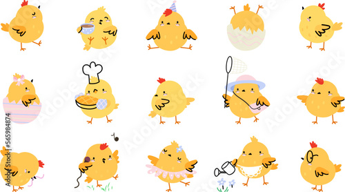Yellow cute cartoon easter chicken. Chick newborn, spring chickens birds play, eat earthworm and sing. Isolated little birds nowaday vector clipart