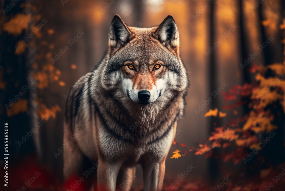 Wolf in autumn forest. Wildlife scene from nature. Generative ai