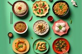  a table topped with plates of food and bowls of soups and sauces on top of a green surface with chopsticks and spoons.  generative ai