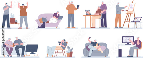 Seniors using gadgets and digital devices. Person has problem with technology. Old couple use laptop, modern grandparents kicky vector characters