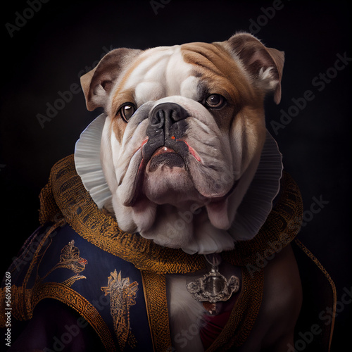Portrait of a English Bulldog wearing a royal costume