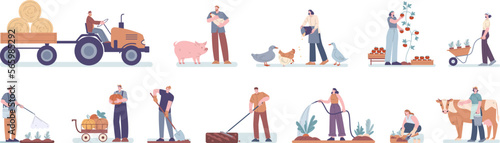 Cartoon farmers planting and care animals. Rural farmer working, gardener and agriculture person. Countryside, harvest season kicky vector clipart