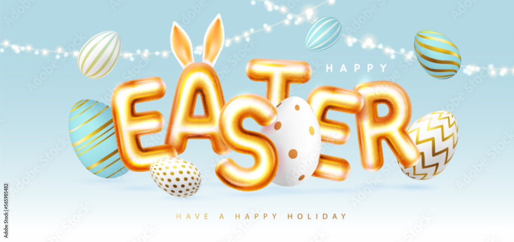 Happy Easter typography background with colorful easter eggs and 3D text. Greeting card or poster. Vector illustration
