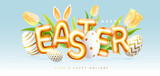 Happy Easter typography background with colorful easter eggs, tulips and 3D text. Greeting card or poster. Vector illustration