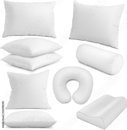 Realistic white pillows mockup. Pillow for night neck relaxation, orthopedics and traveller cushion. 3d cushions, comfort sleep pithy vector elements