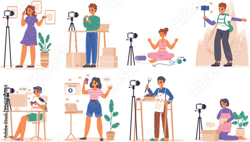 Bloggers review and streaming. Make up blog, blogger video stream. Teen hobby, young adults make online channel. Snugly content creator vector scenes