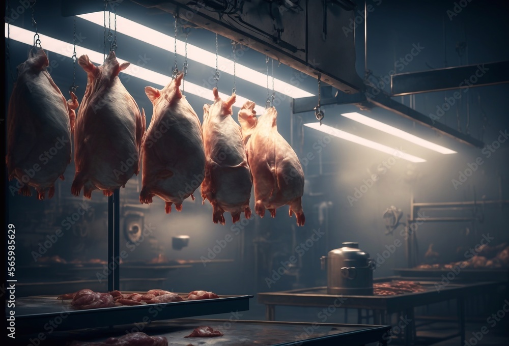 Refrigerator meat storage with handing sides in pork butchery. Generative ai Stock Illustration