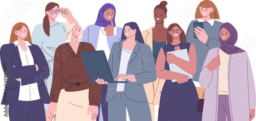 Female business team, office managers, women group with boss. Happy flat international entrepreneurs ladies together, vector characters