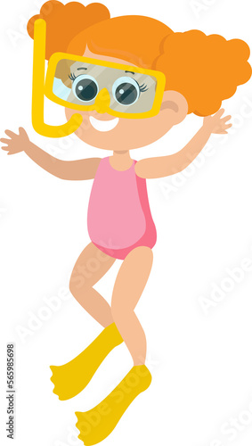 Girl in a swimsuit and snorkeling equipment. Child illustration in cartoon style. Children's activity underwater.