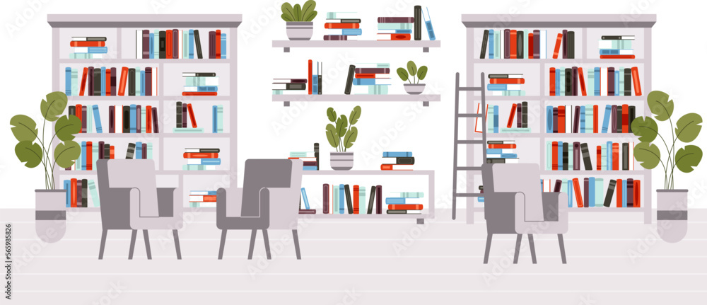 Modern library interior, coworking zone with bookshelves and chairs. Cozy book store, reading area with plants, vector location