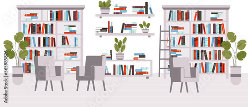 Modern library interior, coworking zone with bookshelves and chairs. Cozy book store, reading area with plants, vector location