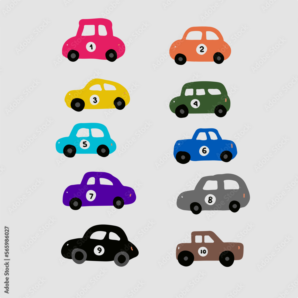 Set of children's colored cars with numbers on the side. Children's illustrations. Draw for Kids. Vector background. Kindergarten poster.