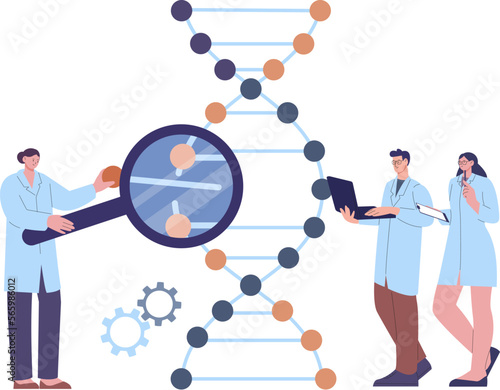 Scientist and assistants research DNA. Genetic lab experience, people born code change process. Medical laboratory work vector scene
