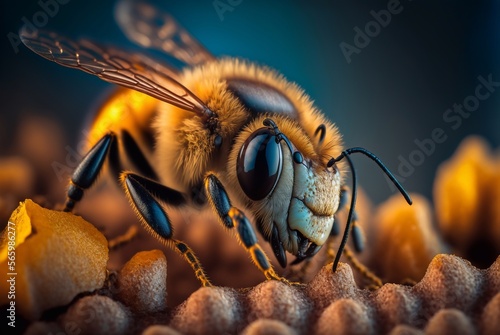 Bees in a beehive on honeycomb. Generative ai