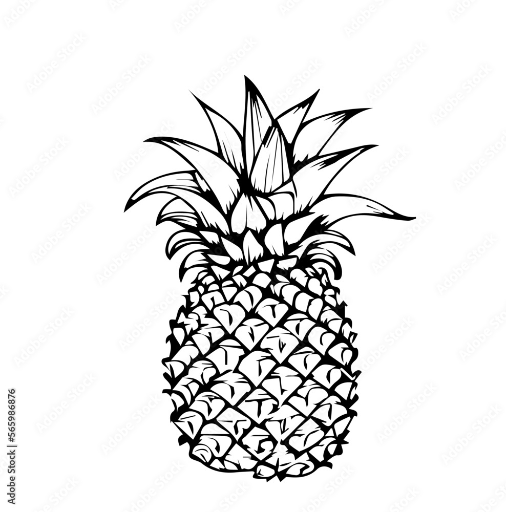 Pineapple in cartoon black and white style for coloring. Vector