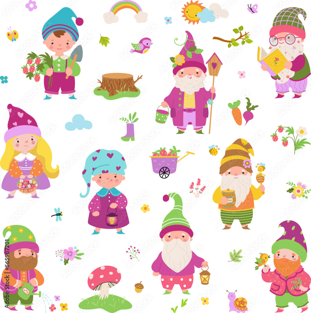 Obraz premium Cartoon garden gnomes, fairy dwarf characters. Cute flat female and male dwarfs, vegetables, plants and birds. Summer spring autumn nowaday vector collection