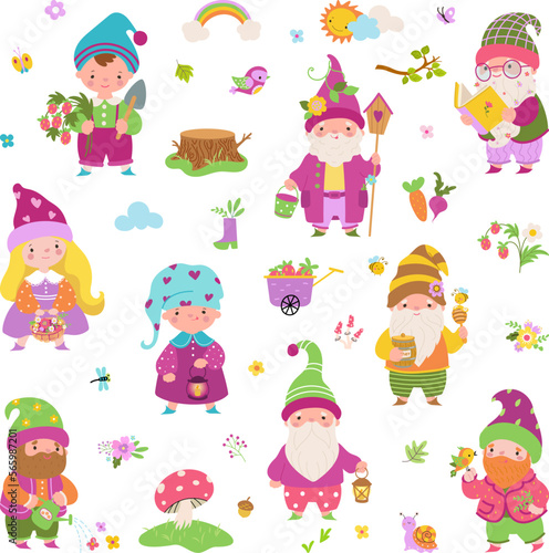 Cartoon garden gnomes, fairy dwarf characters. Cute flat female and male dwarfs, vegetables, plants and birds. Summer spring autumn nowaday vector collection