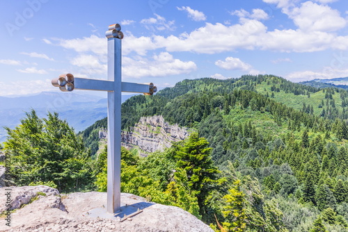 the cross on the top of Mount Tskhrajvari near Racha, Georgia