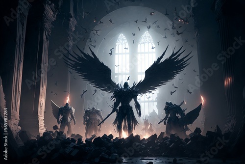 Valokuva The undead army commander with angel wings preparing for a fight, AI generative