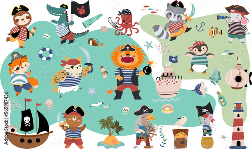 Sea adventures elements, pirate collection. Sailor robber, boats ships and treasure. Cartoon octopus and rum bottle. Cute nowaday animals vector set