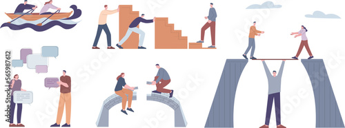 People building communication bridges, solving connection problems together. Effective interaction metaphor, conversation and collaboration kicky vector scenes