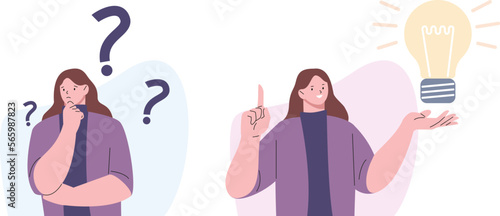 Girl thinking, woman brainstorming or reflective person. Student inspired, female trouble solving. Think, worry and have question kicky vector scene