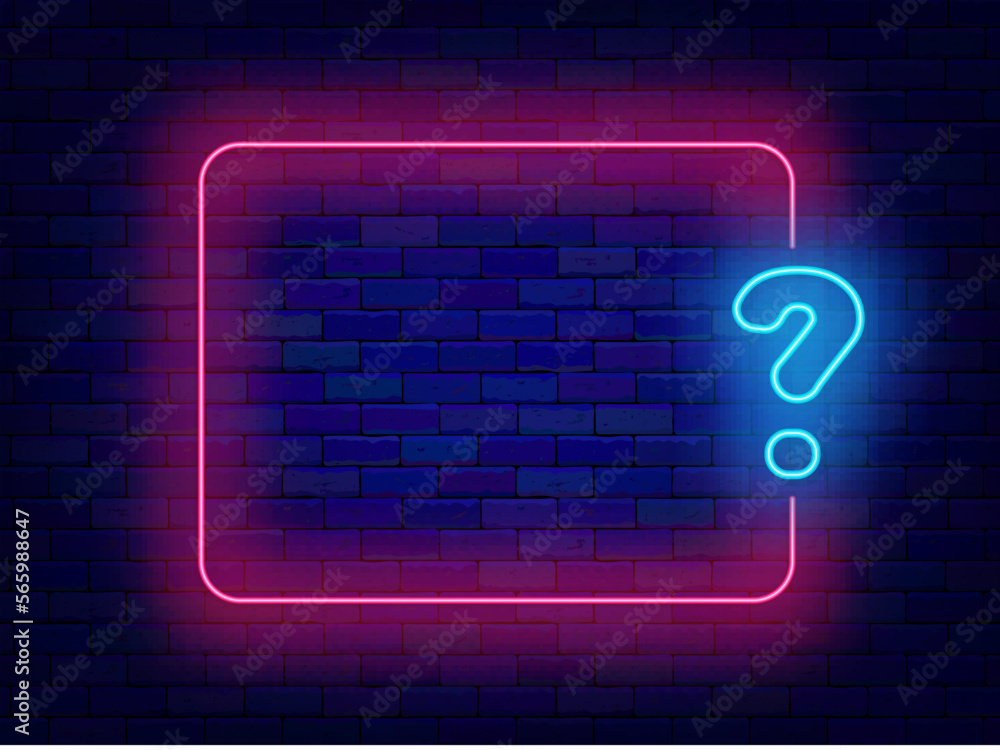 Blue question mark neon sign with pink empty frame. Doubt and exam ...