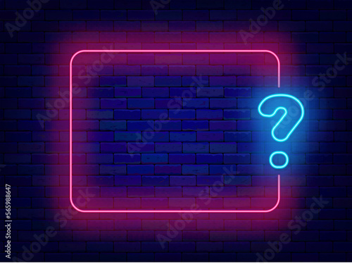Blue question mark neon sign with pink empty frame. Doubt and exam concept. Quiz design. Vector stock illustration