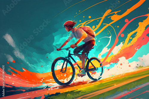 young man riding a bicycle with a colorful energy, digital art style, illustration painting