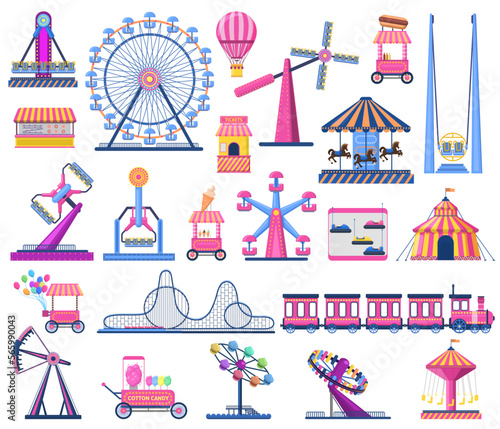 Attractions festive park elements as rollercoaster, circus tent, ferris wheel, and carousels. Shooting range, ice cream